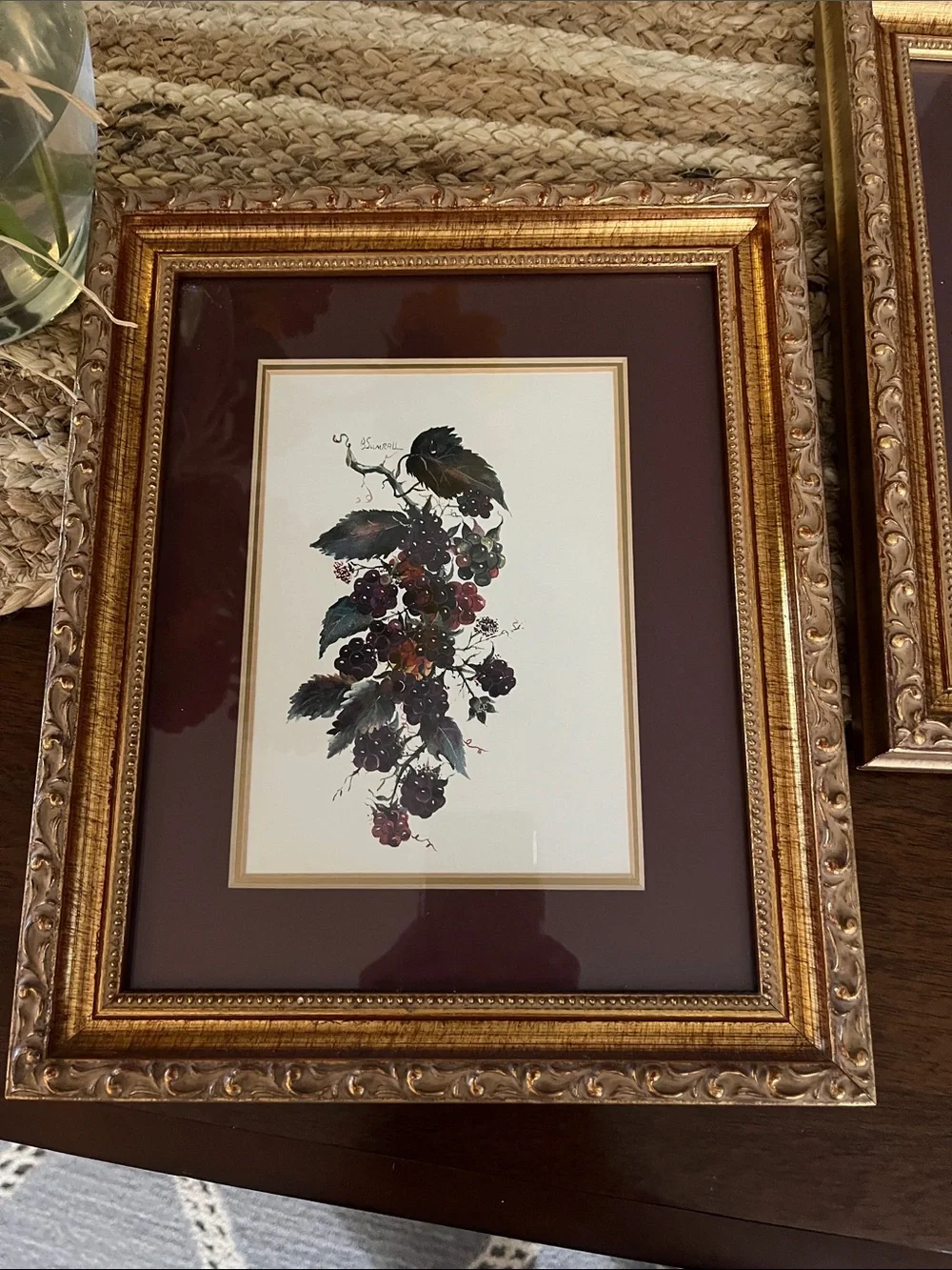 Gold Ornate Picture Frames with Maroon Matting - Pair